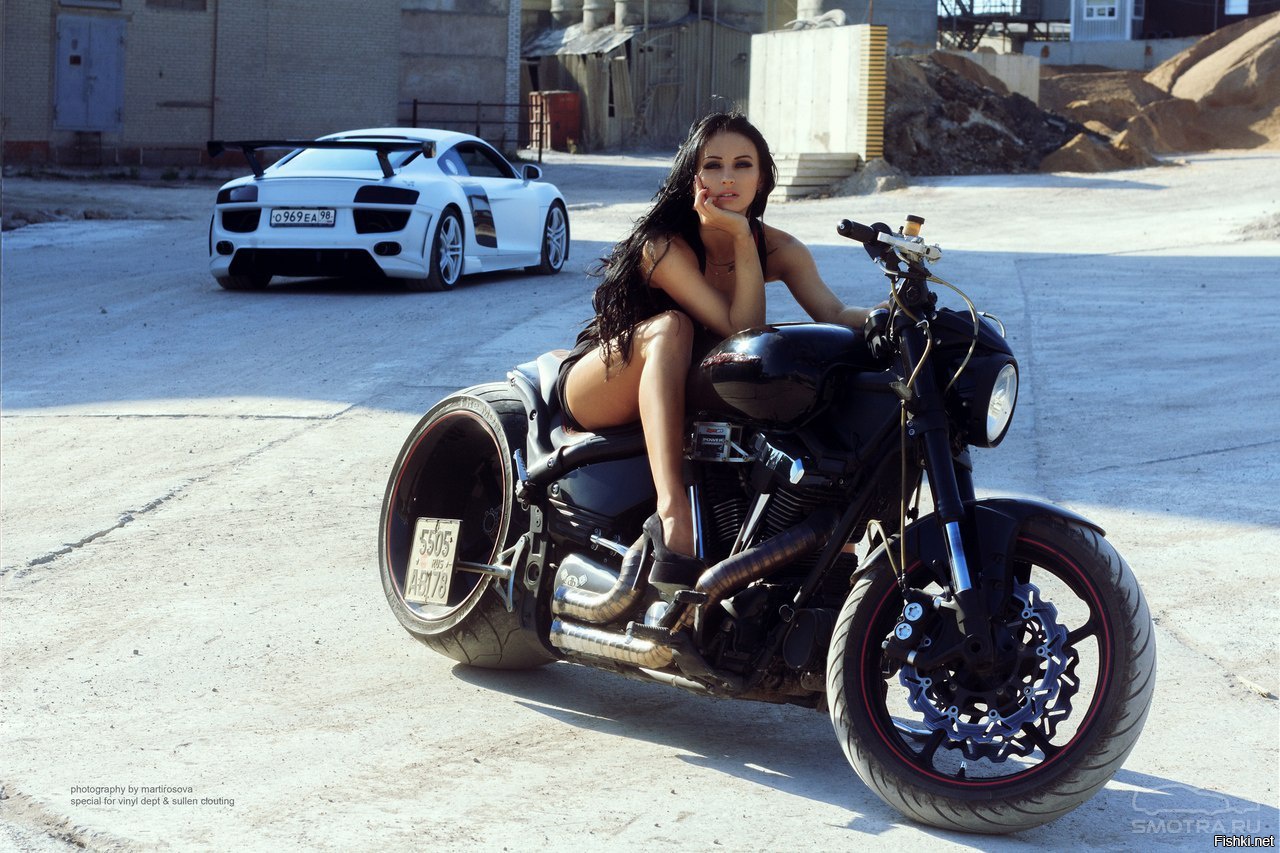 Sexy model Brunettes on a motorcycle in Sukhum